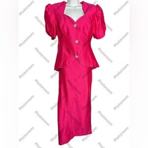 VINTAGE 1980s HOT PINK Formal Peplum Dress Skirt Set - M